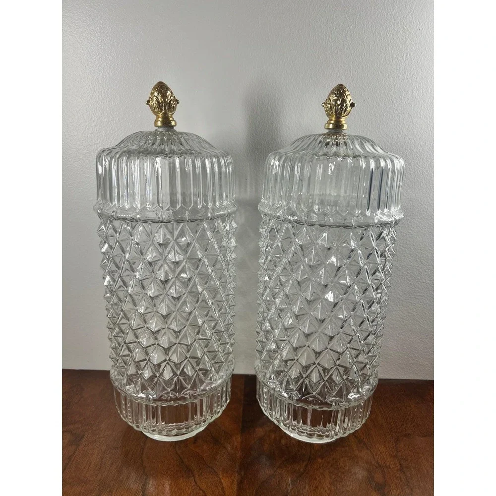 Vintage Lamp Shades Diamond Point Glass Mid Century Clear Gold Finial Pair 12